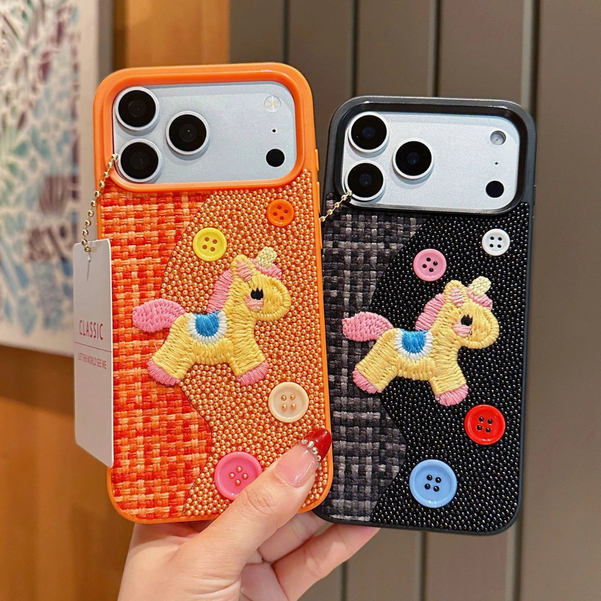 Tweed plaid embroidered unicorn phone case by TRLab Shop featuring colorful unicorn design and textured fabric cover.