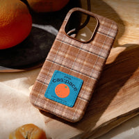 Brown plaid fabric phone case with a slim design, featuring a TRLab Shop branding logo on the back.