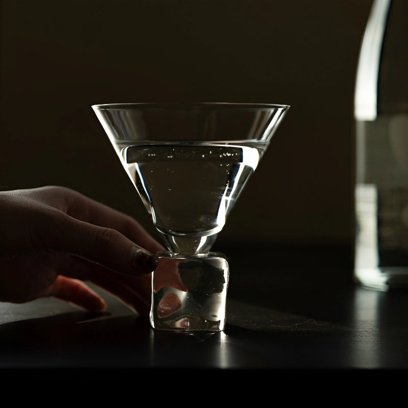 Clear glass wine cup with ice-cube base, designed by TRLab, showing the elegant shape and transparent material for chilled drinks.