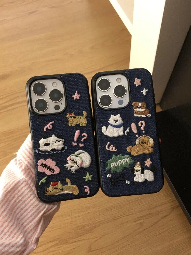 Puppy & Kitten Paradise Embroidered Phone Case - TRLab Shop