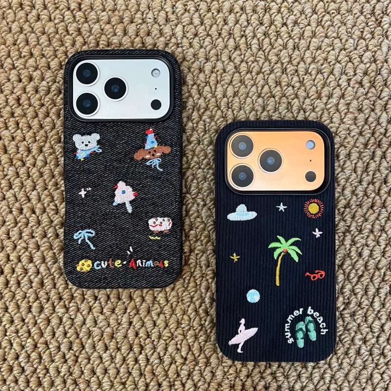 Embroidered beach phone case by TRLab Shop with colorful floral embroidery on a protective plastic cover.