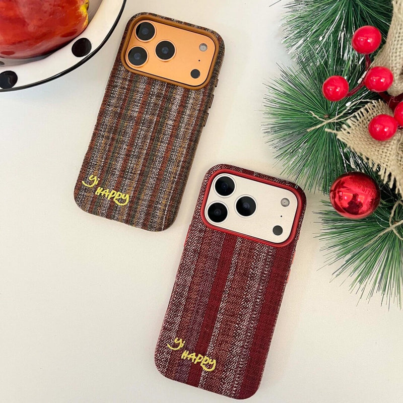 Happy Letters embroidered phone case by TRLab Shop, featuring colorful embroidered lettering on a protective phone cover.