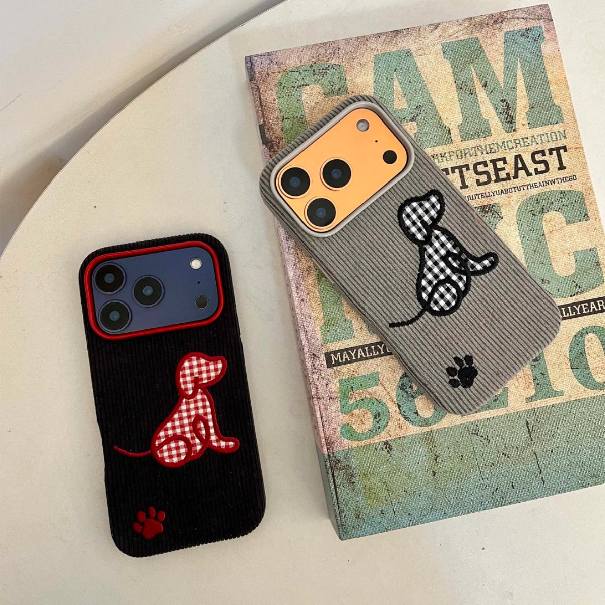 Plaid puppy embroidered phone case by TRLab Shop featuring a cute puppy design on a colorful plaid background.