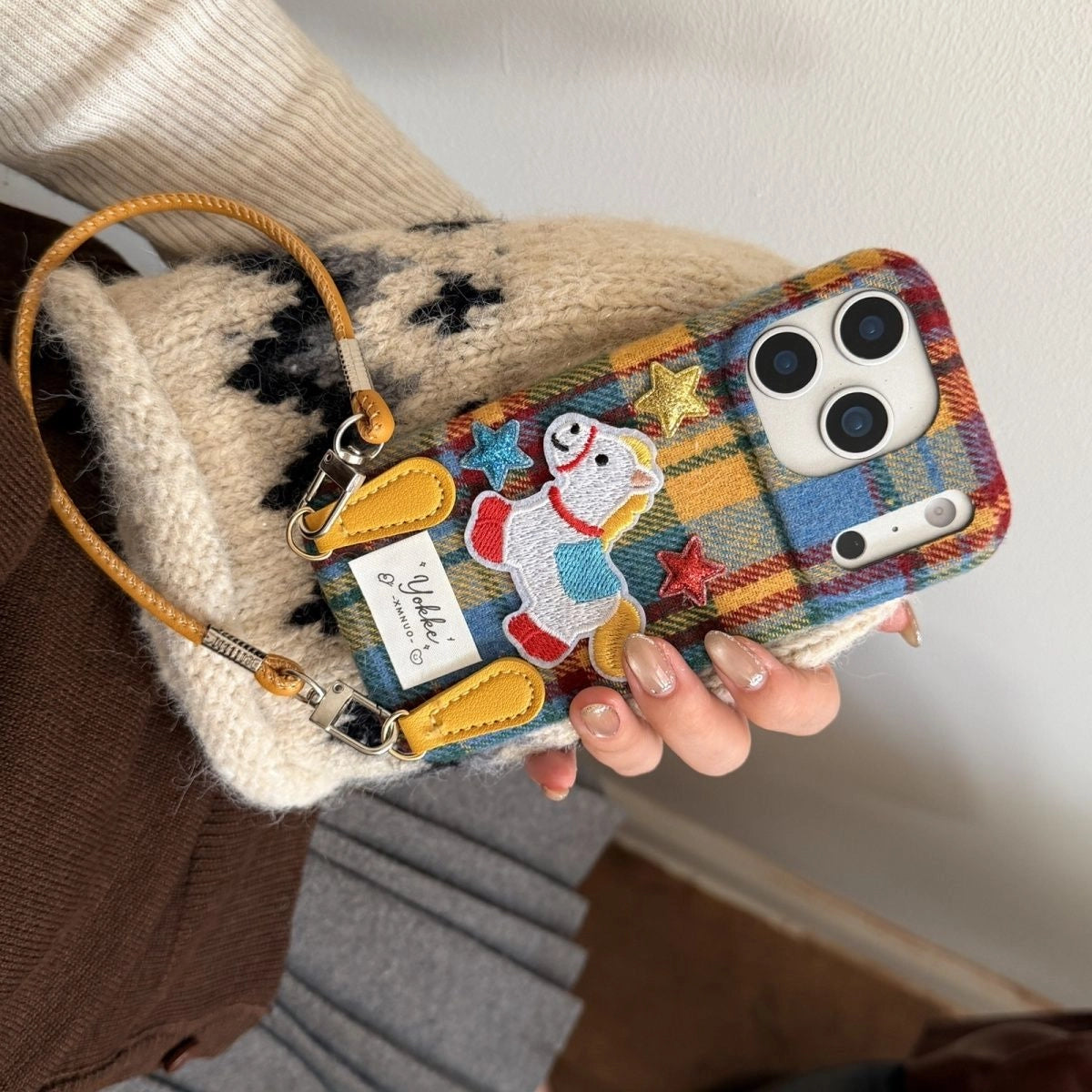 Plaid Pony embroidered phone case by TRLab Shop featuring colorful plaid pattern and a cute embroidered pony design.