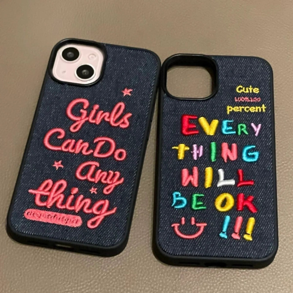 Colorful embroidered letters on a phone case, featuring a vibrant design and protective material from TRLab Shop.
