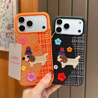 Tweed plaid embroidered puppy phone case by TRLab Shop featuring a cute puppy design on a stylish fabric background