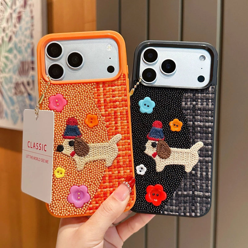 Tweed plaid embroidered puppy phone case by TRLab Shop featuring a cute puppy design on a stylish fabric background