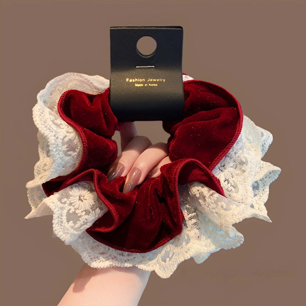 Lace-Adorned Velvet Wavy Hem Scrunchie - TRLab Shop