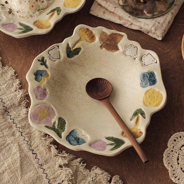 Flowers & Birds Coarse Pottery Hand-pinched Plate - TRLab Shop