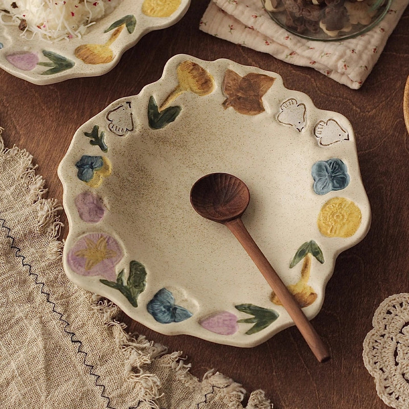 Flowers & Birds Coarse Pottery Hand-pinched Plate - TRLab Shop