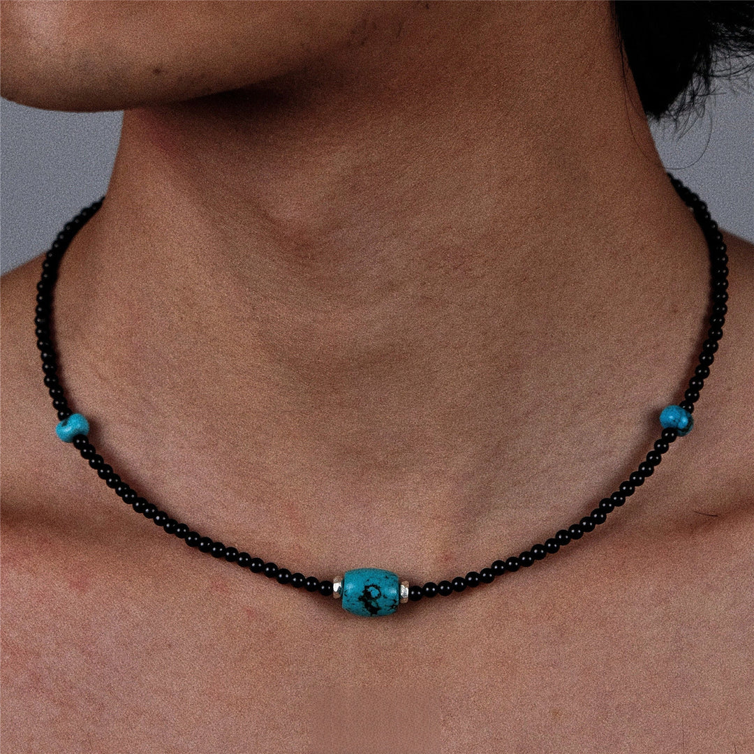 Ethnic-Style Black Onyx and Turquoise Beaded Necklace