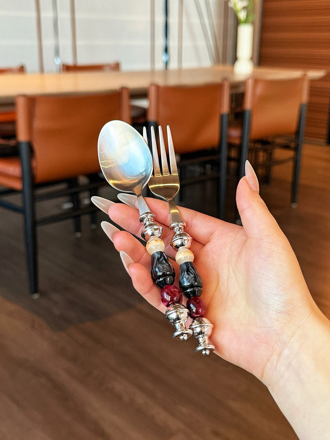 Midnight Sesame & Black Cherry Beads Stainless Steel Spoon & Fork