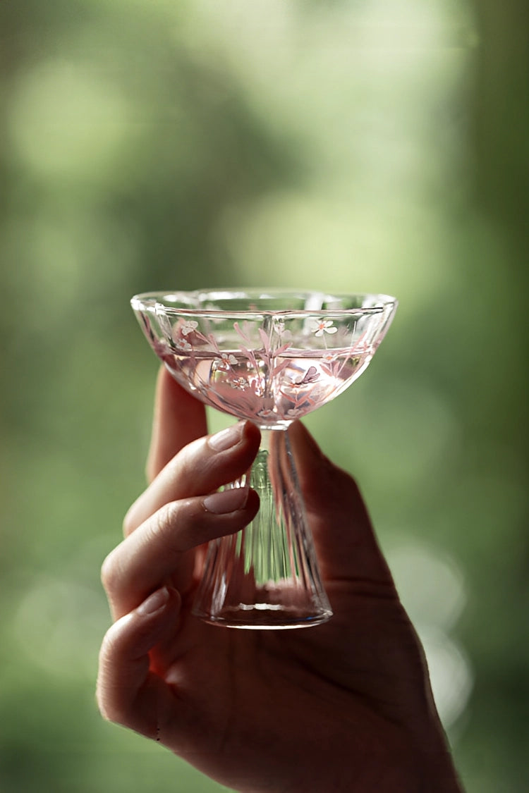Pink Sakura Blossom glassware by TRLab Shop featuring delicate pink sakura floral design on clear glass.