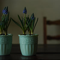 Milk glass embossed vase by TRLab Shop with intricate floral patterns, 1040g weight, ideal for home decor and floral arrangements.