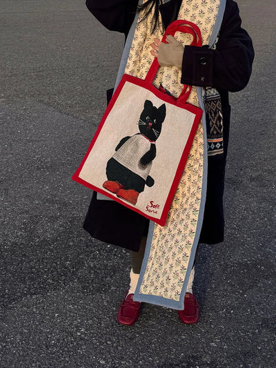 Black Cat & Puppy Woven Canvas Tote Bag - TRLab Shop