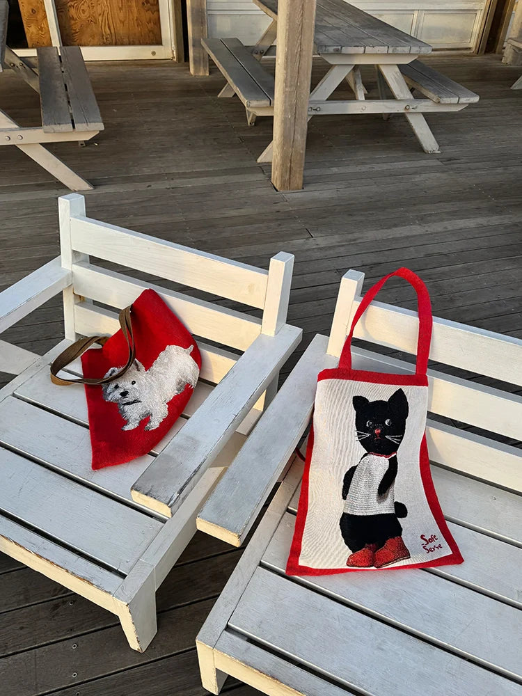 Black Cat & Puppy Woven Canvas Tote Bag - TRLab Shop