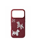 SoftServe red and purple puppy print phone case with a cute dog design for smartphone protection.