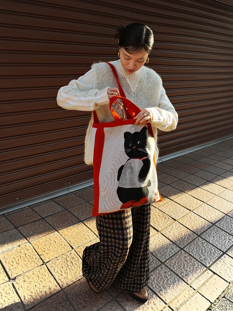 Black Cat & Puppy Woven Canvas Tote Bag - TRLab Shop