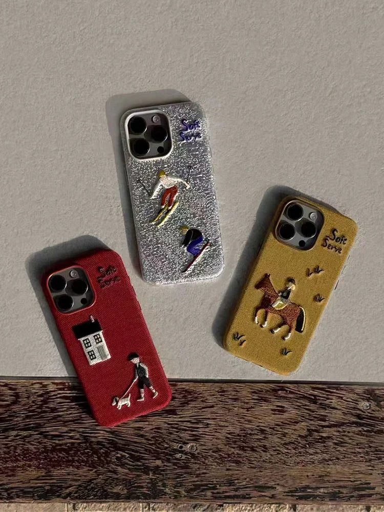 Skiing & Walking Puppy Embroidered Phone Case