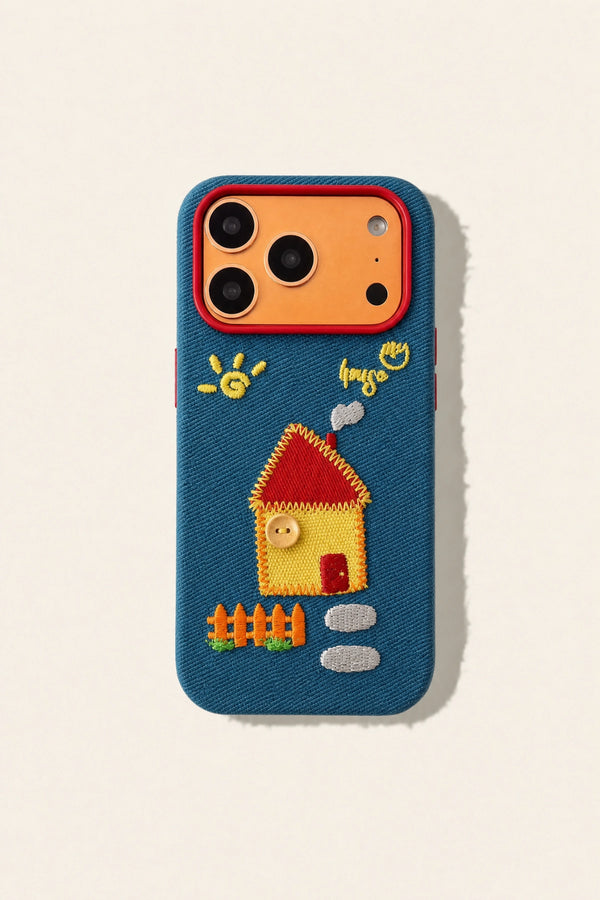 Embroidered house phone case with intricate floral design, compatible with smartphones, by TRLab Shop.