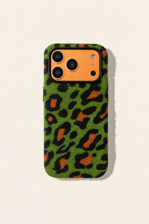 Green leopard print corduroy phone case from TRLab Shop, featuring a stylish and textured animal print design.