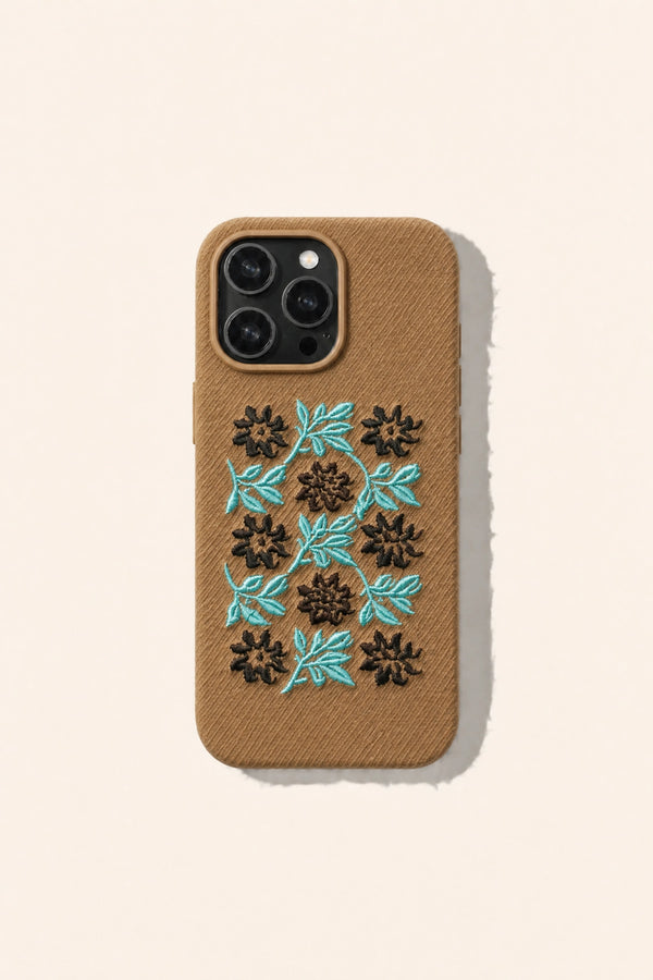 Vine and floral embroidered phone case by TRLab Shop featuring intricate embroidery on a protective cover.