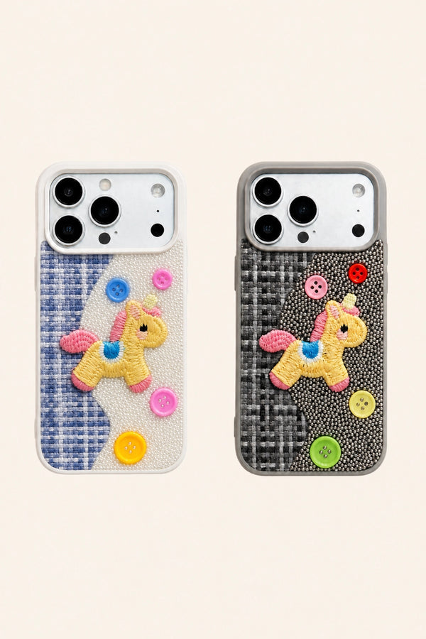 Beadworks embroidered unicorn phone case by TRLab Shop featuring colorful bead details and a whimsical unicorn design.