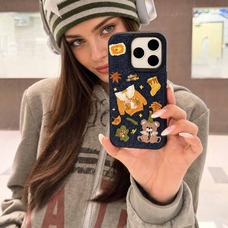Warm autumn embroidered phone case by TRLab Shop featuring fall-themed leaf and floral embroidery on a protective phone cover.