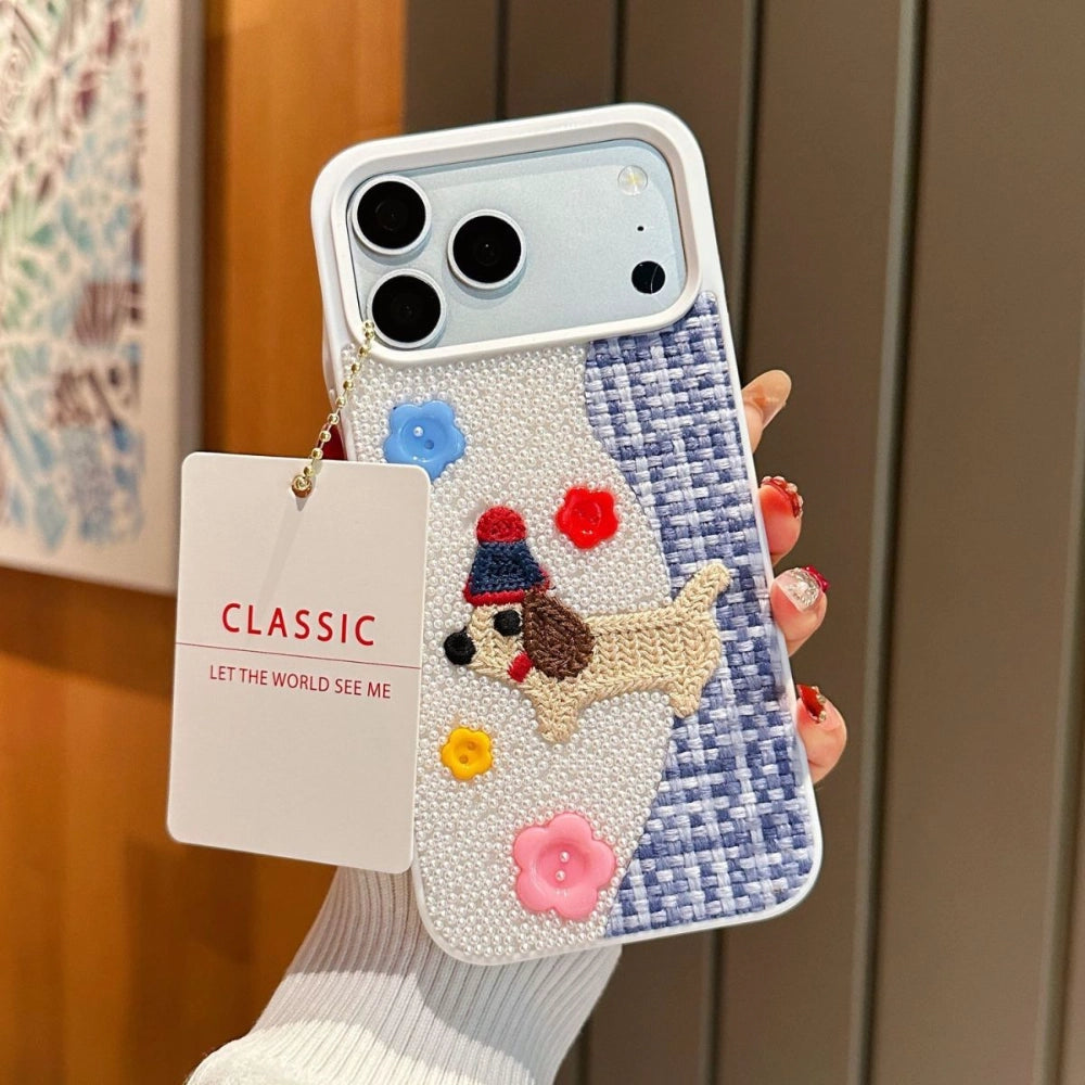 Beadworks embroidered puppy phone case by TRLab Shop featuring detailed beadwork and a cute puppy design.