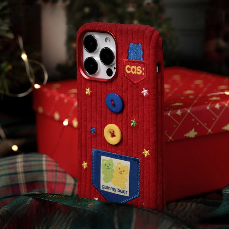 Red striped plush fabric phone case by TRLab Shop, soft plush material with vibrant red and white stripes, designed for smartphone protection.