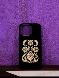 Black shamanic embroidered phone case with intricate tribal designs, made by TRLab Shop, displayed on a white background.