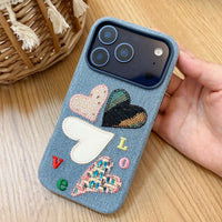 Love Heart embroidered phone case by TRLab Shop featuring colorful heart designs and soft fabric material.