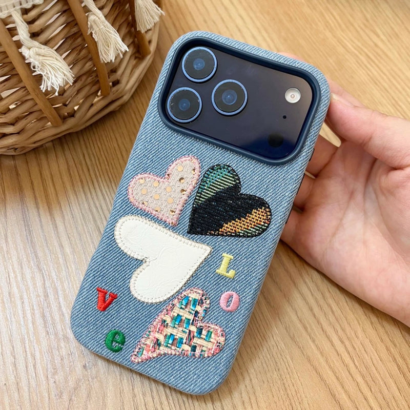 Love Heart embroidered phone case by TRLab Shop featuring colorful heart designs and soft fabric material.