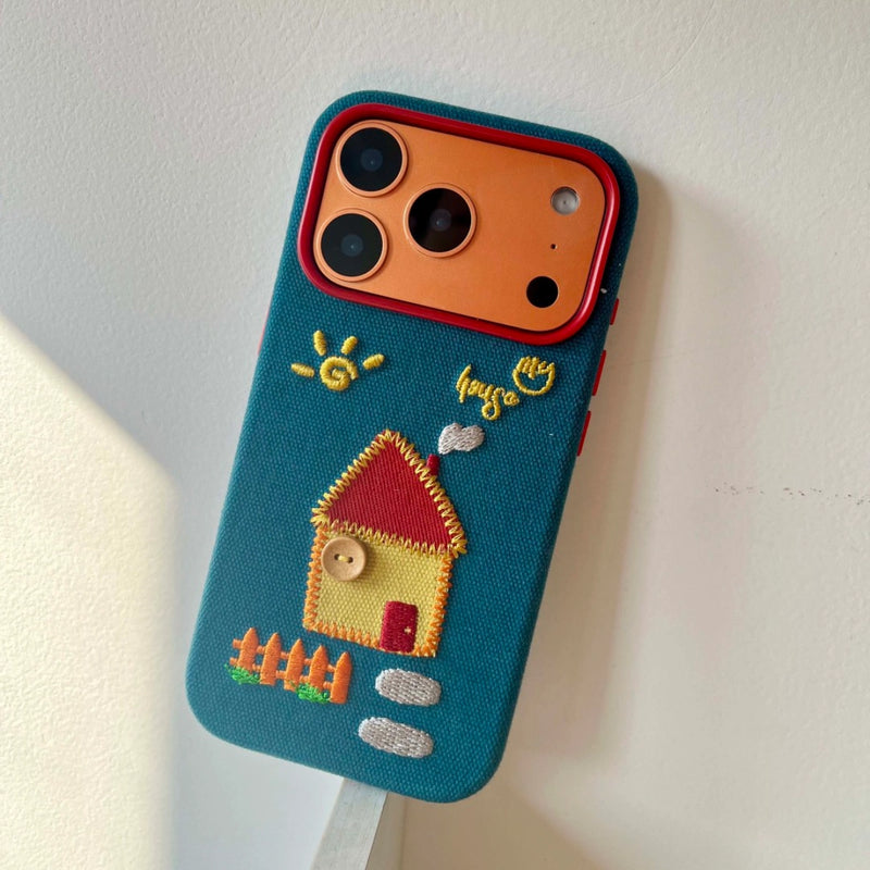 Embroidered TRLab Shop house phone case with colorful floral embroidery, slim protective cover for smartphone protection