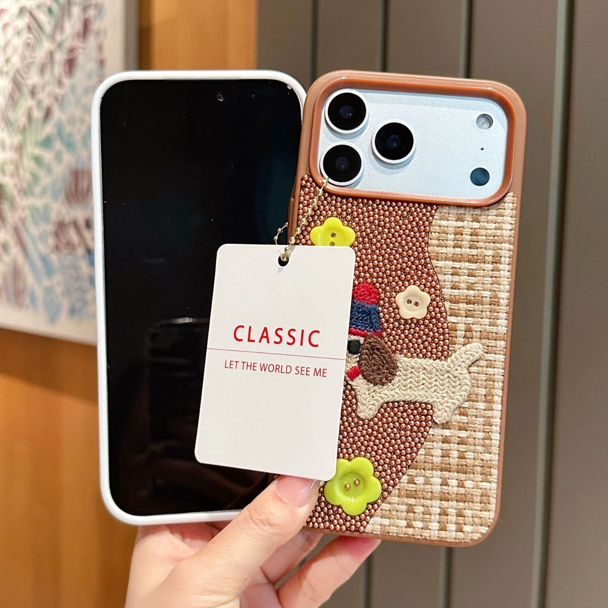 Tweed plaid puppy embroidered phone case by TRLab Shop featuring a charming dog design on a stylish fabric cover.