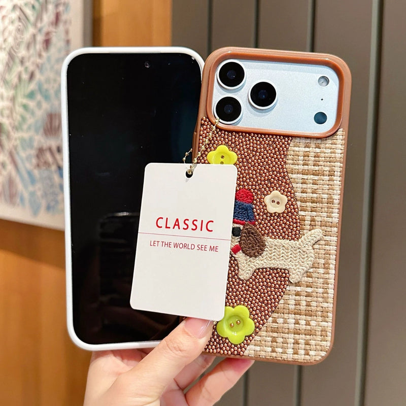 Tweed plaid puppy embroidered phone case by TRLab Shop featuring a charming dog design on a stylish fabric cover.