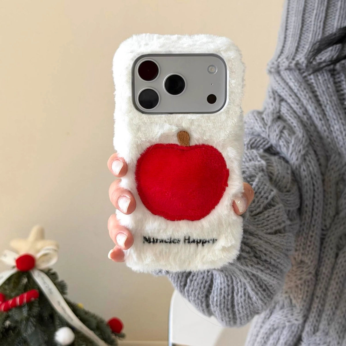 Soft plush embroidered Apple phone case with colorful apple design from TRLab Shop, protective and stylish for iPhone.