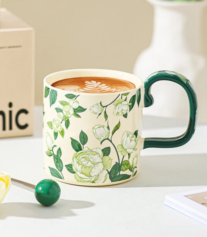 French-Style Camellia ceramic mug by TRLab Shop featuring a white mug with a delicate camellia flower design.