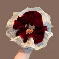 Lace-Adorned Velvet Wavy Hem Scrunchie - TRLab Shop