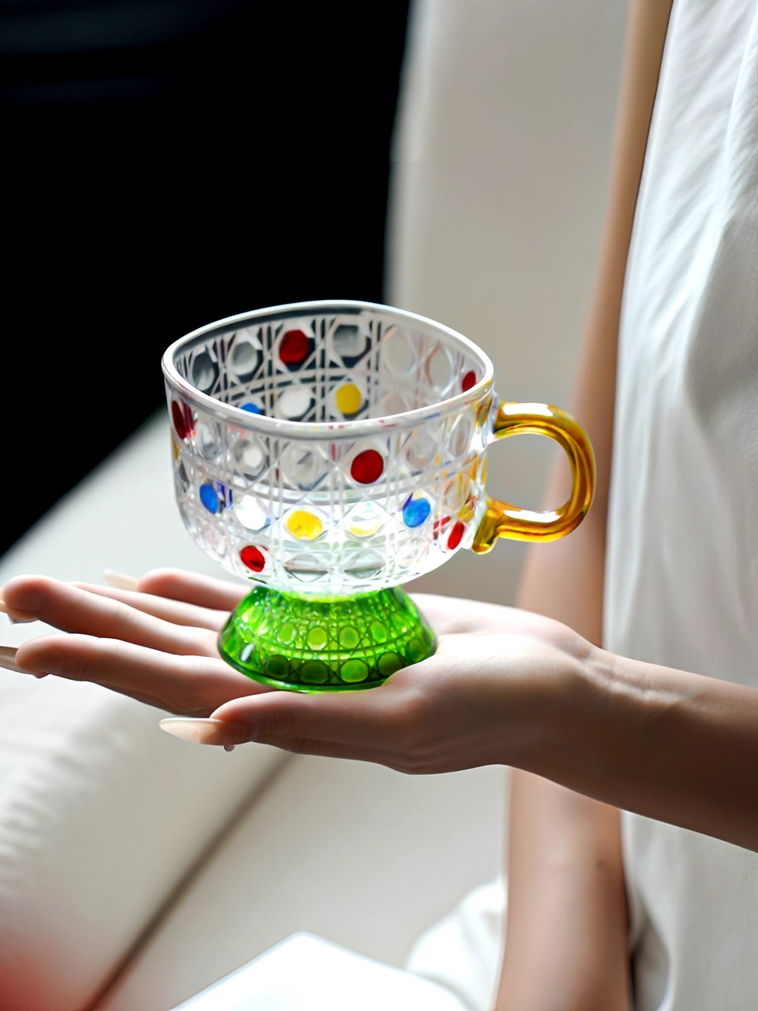 Colorful Polka-Dot Cane-Weave Glass Cup