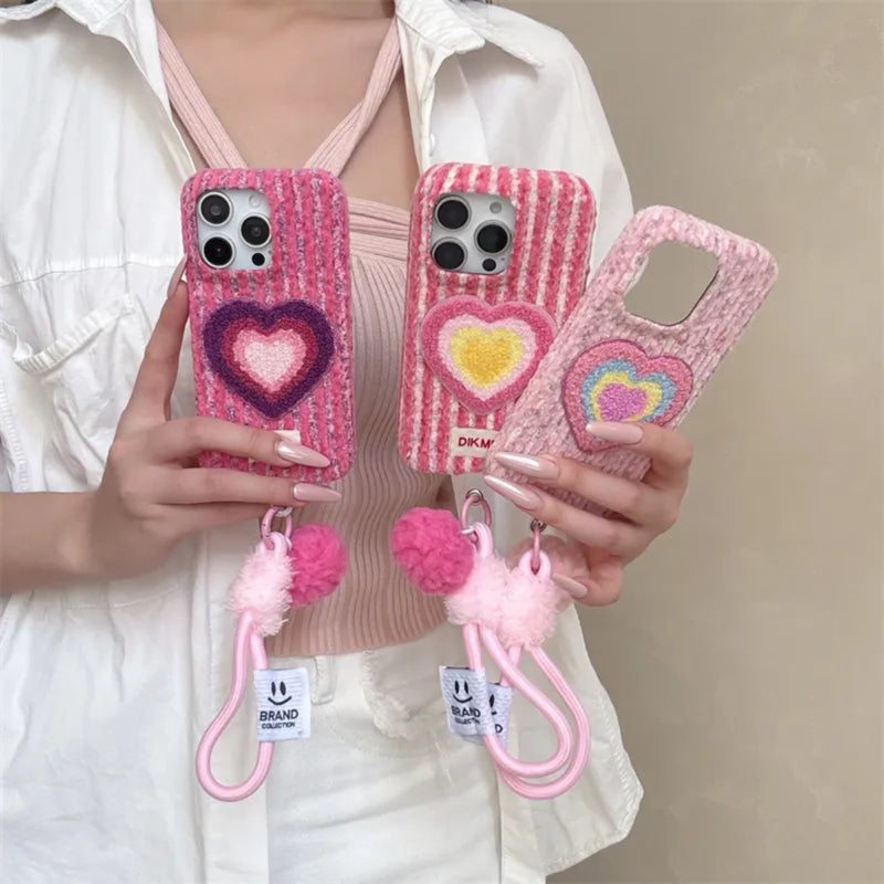 Pink Love Heart embroidered phone case with floral design, compatible with smartphones, featuring decorative heart embroidery.