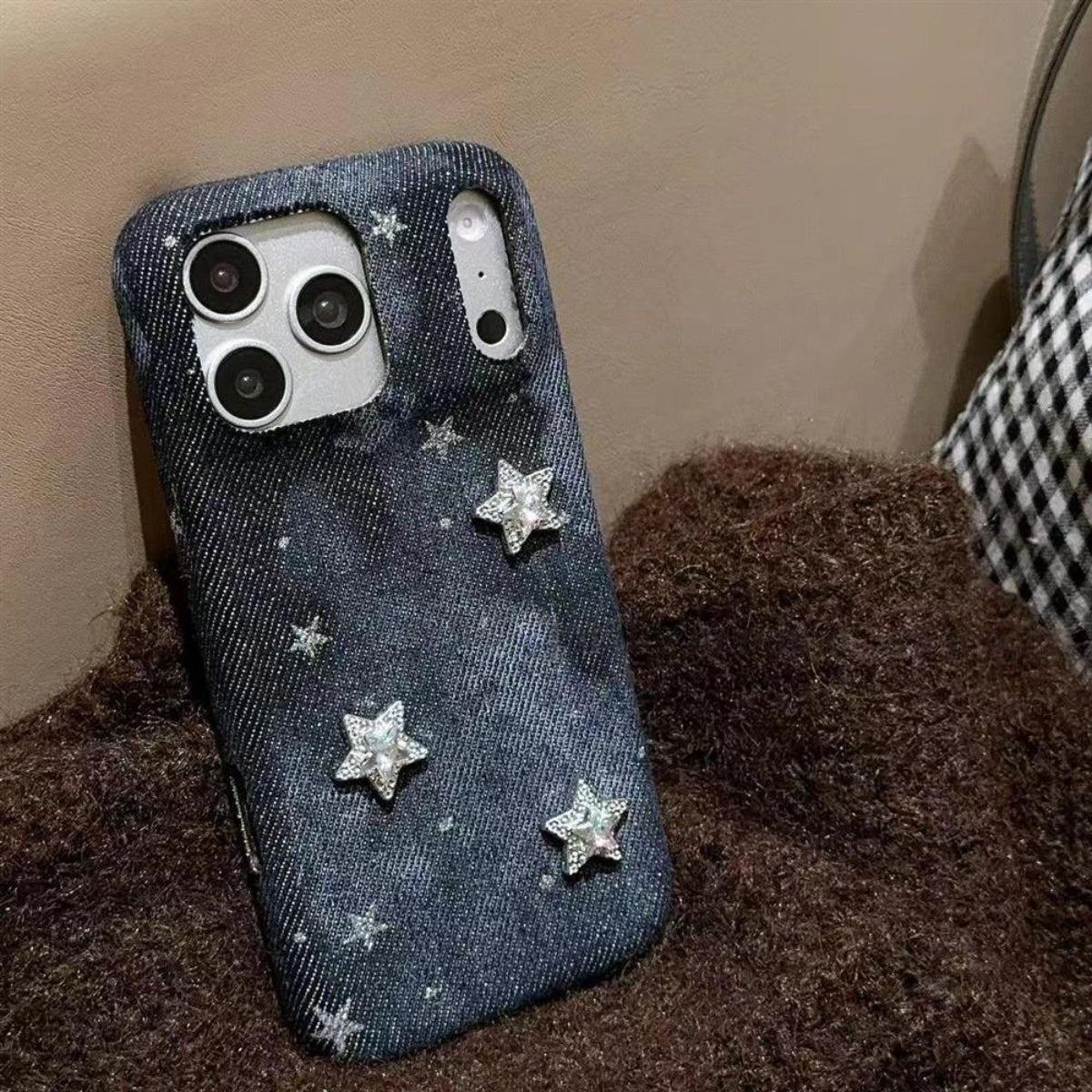Starry Night denim phone case by TRLab Shop featuring a cosmic starry sky design on durable denim material.