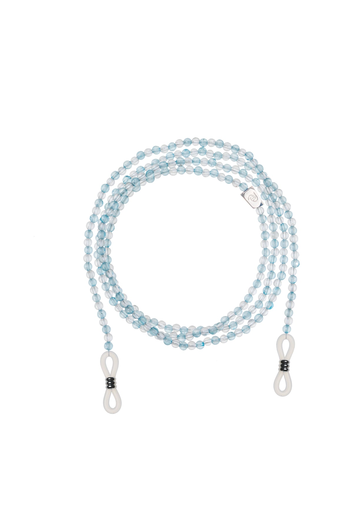 Aquamarine and clear quartz eyeglass chain with gold-tone accents, featuring gemstone beads and elegant design by ROCKBUND.