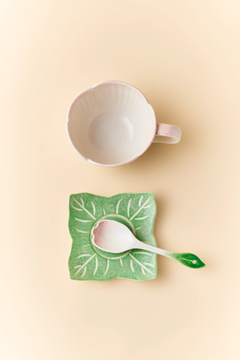 Pink ceramic Begonia cup and saucer set with matching spoon, elegant and delicate tableware from TRLab Shop