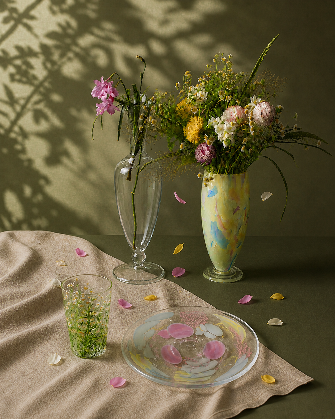 Luminous Fragment Glass Plate from TRLab Shop dinnerware, showcasing iridescent, fractured glass design for elegant table setting.
