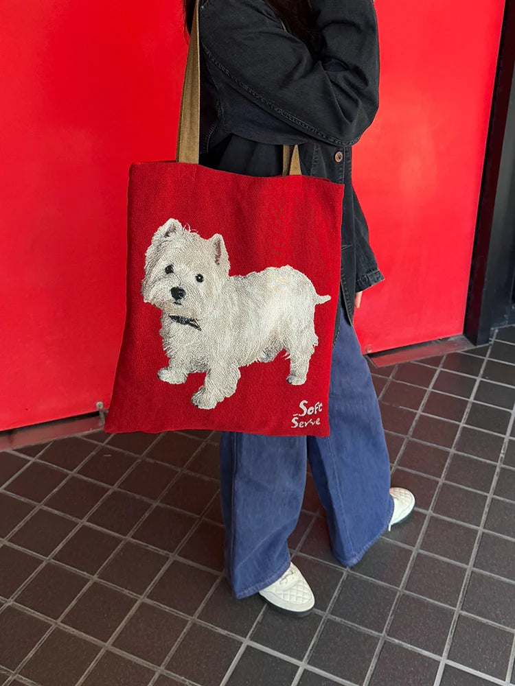 Black Cat & Puppy Woven Canvas Tote Bag - TRLab Shop