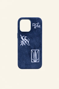 Blue shamanic embroidered phone case with intricate tribal patterns, designed by TRLab Shop for a stylish and protective accessory.