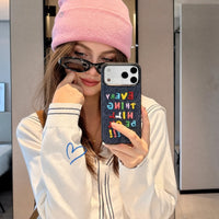 Colorful embroidered letters on a protective phone case, designed by TRLab Shop, showcasing vibrant, creative embroidery details.