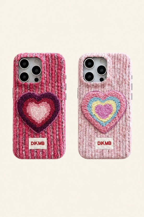 Pink love heart embroidered phone case with floral details, designed for smartphones, by TRLab Shop.