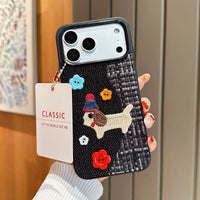Tweed plaid embroidered puppy phone case by TRLab Shop featuring a cute puppy design on a stylish fabric background.
